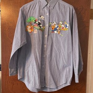Disney Blue Button Down Shirt with Cartoon Embroidery